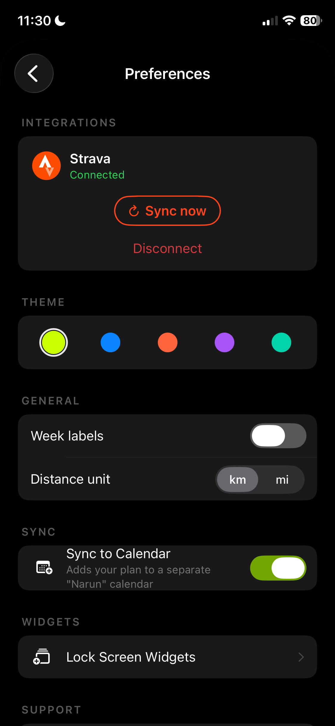Narun preferences with Strava connected